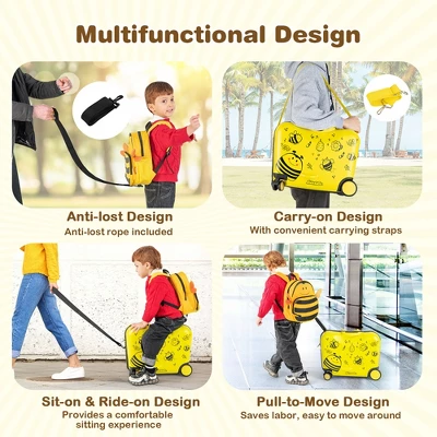 Costway 2PC Kids Ride-on Luggage Set 18'' Carry-on Suitcase & 12'' Backpack Anti-Loss Rope Yellow 5 Costway 2PC Kids Ride-on Luggage Set 18'' Carry-on Suitcase & 12'' Backpack Anti-Loss Rope Yellow - Image 5