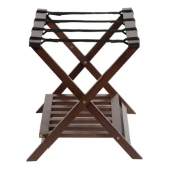 PJ Wood Portable Hotel Style Solid Wooden Folding Luggage Rack With Bottom Shoe Storage Shelf For House Guests Or Travel, Walnut
