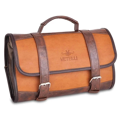 Vetelli Foldable Hanging Leather Travel Toiletry Bag With 2 Zippered Internal Pockets, 2 Snap-Fastened Internal Pockets, And Hanging Hook (2 Pack) 1 Vetelli Foldable Hanging Leather Travel Toiletry Bag With 2 Zippered Internal Pockets, 2 Snap-Fastened Internal Pockets, And Hanging Hook (2 Pack)